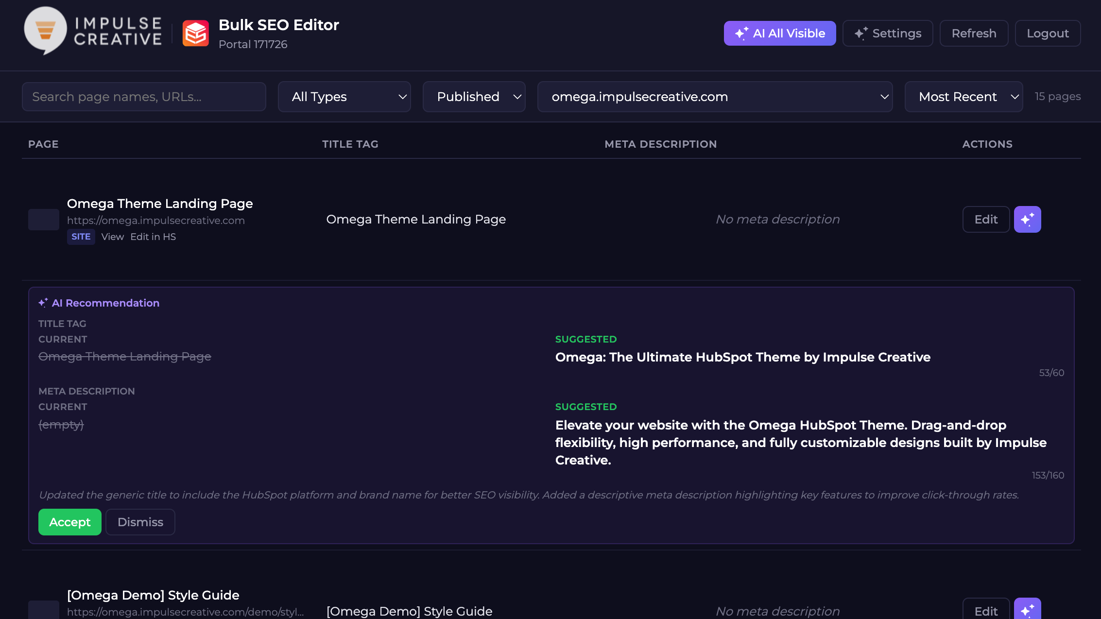 Hit the sparkle button on any row and our AI reads the actual content of your page (not just the title)